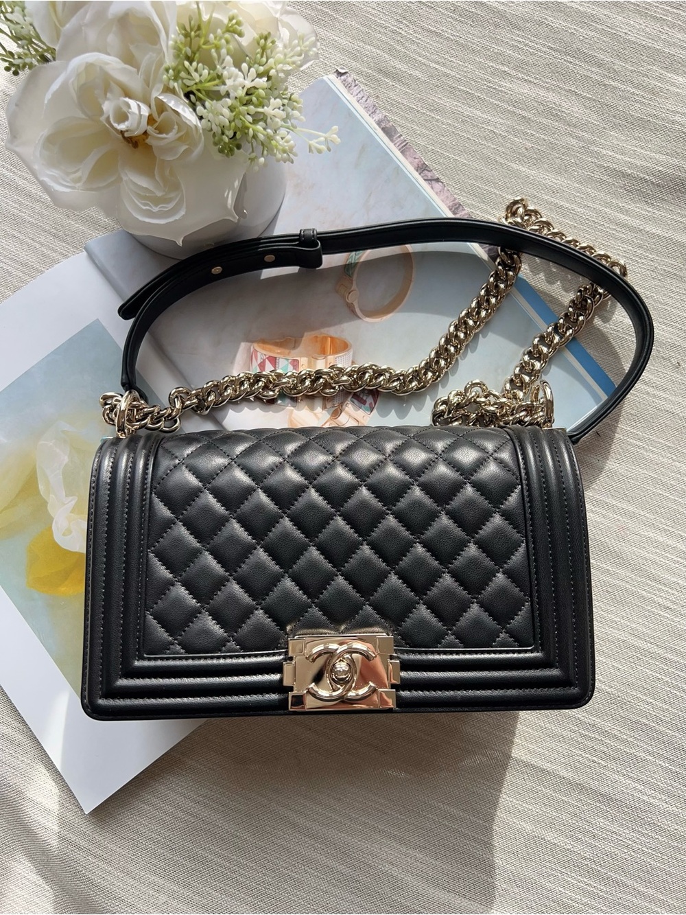 Chanel Le Boy Medium Black Gold Bag